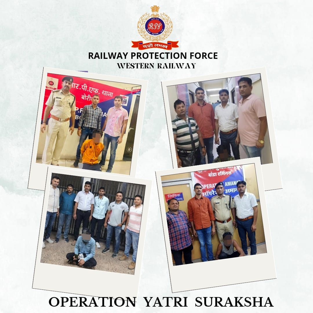 Under Operation Yatri Suraksha, vigilant RPF cops apprehended four thieves with stolen property valued at Rs 38,700 at Bandra Terminus, Borivali and Ahmedabad stations. After inquiry, handed over to GRP for further legal action. @RPF_INDIA