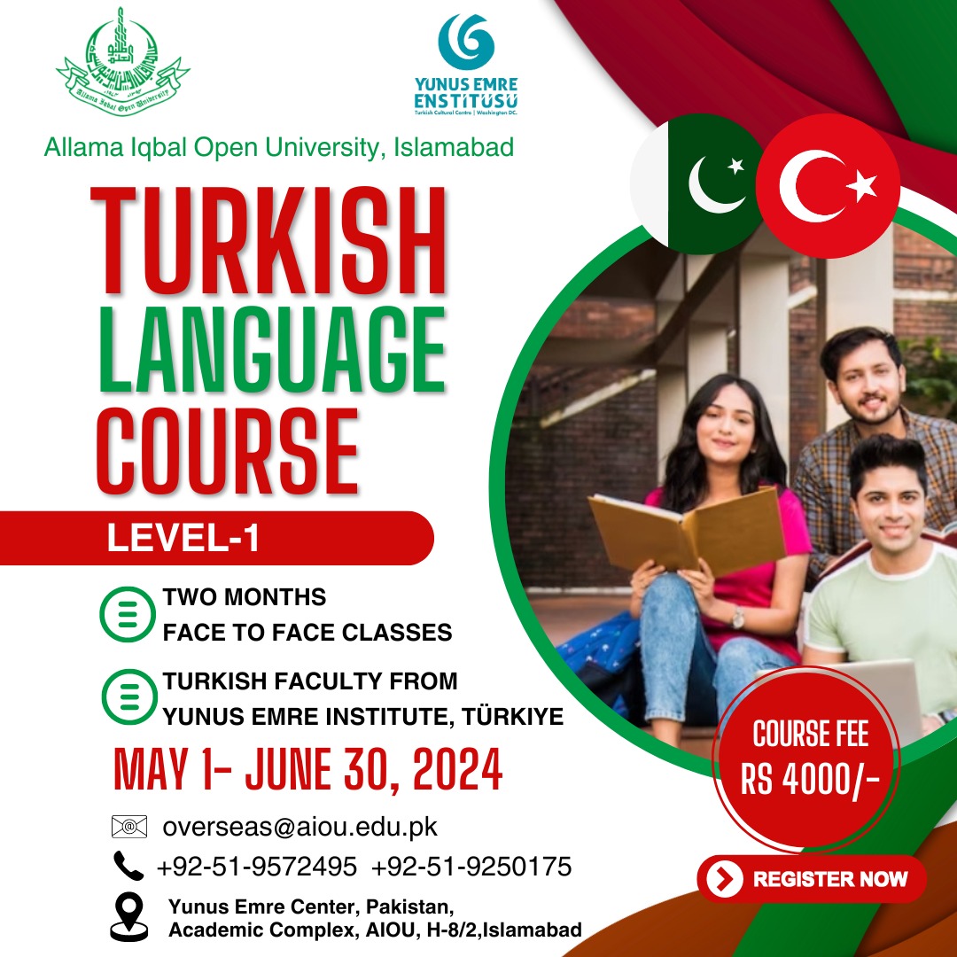 Golden opportunity to learn the Turkish language📕📷 Yunus Emre Institute and Cultural Center in collaboration with Allama Iqbal Open University is launching Turkish language courses.  The courses will continue from May 1 to June 30   #turkishlanguage #Turkiye  @yeelahor