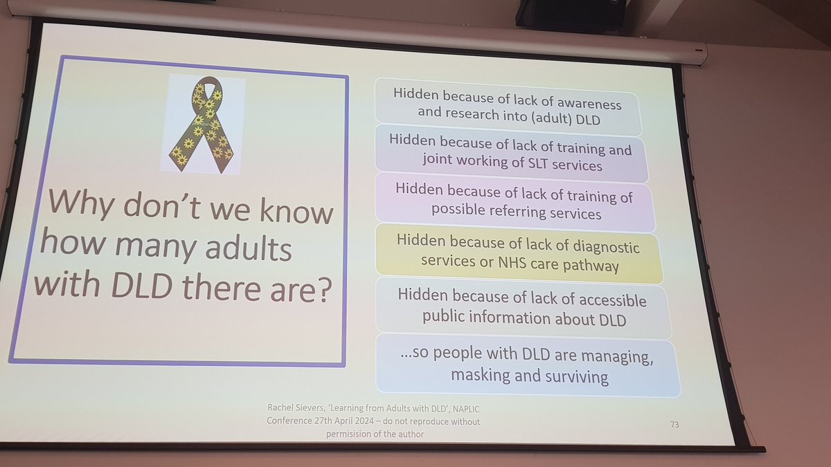 .@SieversRachel at #NAPLIC24 addressing issues with Developmental Language Disorder in adults. Ww need an NHS diagnosis route for #DevLangDis!