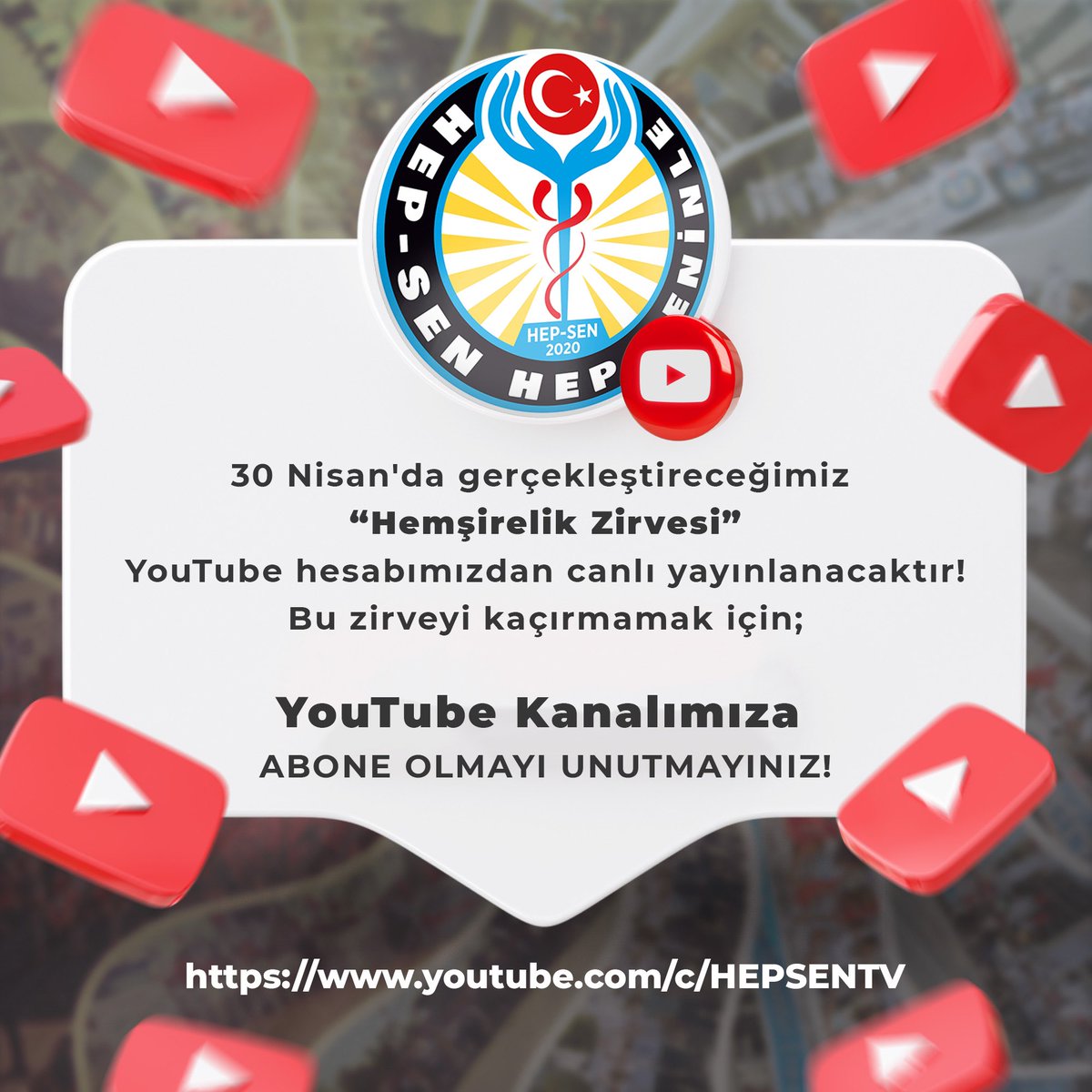 30 Nisan'da gerçekleştireceğimiz “Hemşirelik Zirvesi” YouTube hesabımızdan canlı yayınlanacaktır. Bu zirveyi kaçırmamak için YouTube kanalımıza abone olmayı unutmayınız. HEP-SEN Türkiye'nin En Genç ve Dinamik Yeni Nesil Sağlık Sendikası @hepsen_2020 🌐…