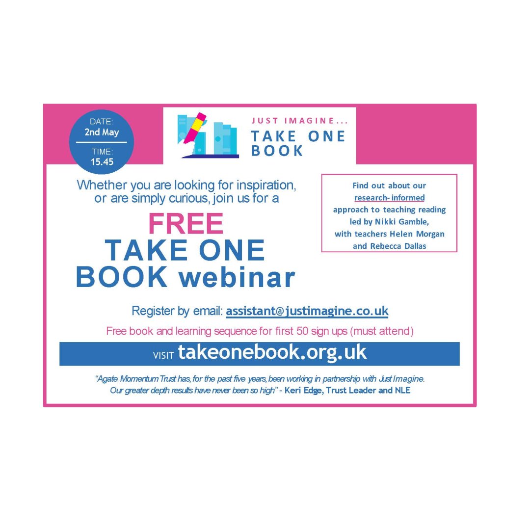 We're looking forward to our Take One book introduction webinar for teachers and schools interested in learning more about our approach to teaching reading. With teachers Helen Morgan and Rebecca Dallas. Free book and learning sequence for the first 50 registrations…