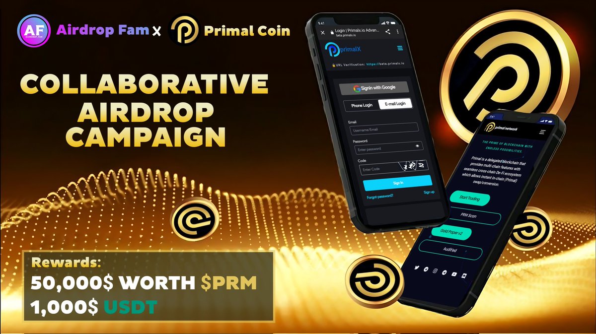 🔥 New airdrop: Primal Coin 
🎁 Total Reward: $50,000 Worth of Primal + $1,000 USDT 
🏆 Random 10,000 Users: $5 USDT worth Primal Coins 
🔝Top 20 Refers: 50 USDT Each
⏳ Distribution: After 7 May, 2024

🔗 Airdrop Link: t.me/PrimalCoinaird…

👀 How to join?
- Start Airdrop bot