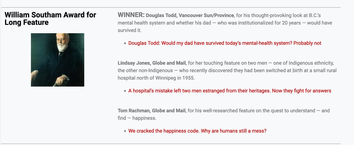 Nice surprise at the National Newspaper Awards (@nna_ccj) WINNER: 'Douglas Todd, Vancouver Sun, for his thought-provoking look at B.C.’s mental health system and whether his dad — who was institutionalized for 20 years — would have survived it.' 1/2 nna-ccj.ca/2022-finalists/