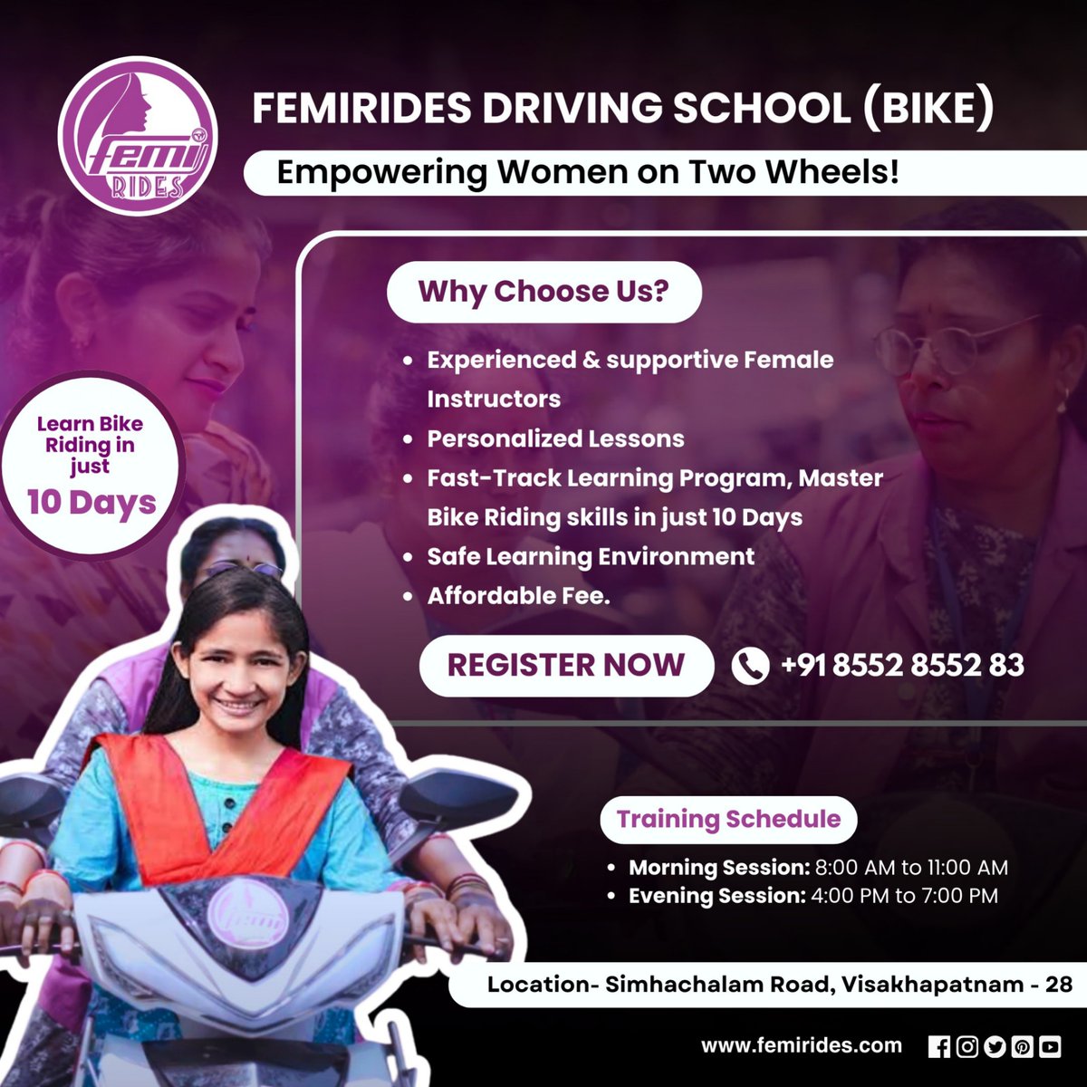 For more information and queries, Call us- +91 8552855283.

#FemiRides #Vizag #visakhapatnam #AndhraPradesh #simhachalam #drivingschool #womendrivingschool #RegisterNow #womensupportingwomen #cardrivingschool #bikedrivingschool #womenonwheels