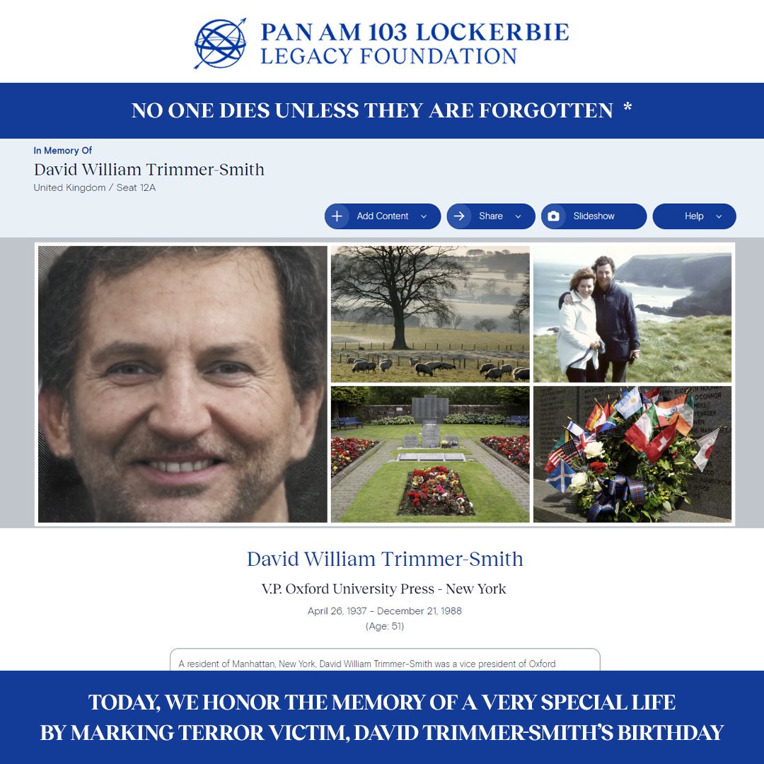 Today, we honor the memory of a very special life by marking David Trimmer-Smith’s birthday.
pa103ll.org/living-memoria…
#noonediesunlesstheyareforgotten #panam103
#rememberingpanam103 #neverforget #weremember #Lockerbie #panamflight103  #LivingMemorial #USHistory #victimsofterrorism