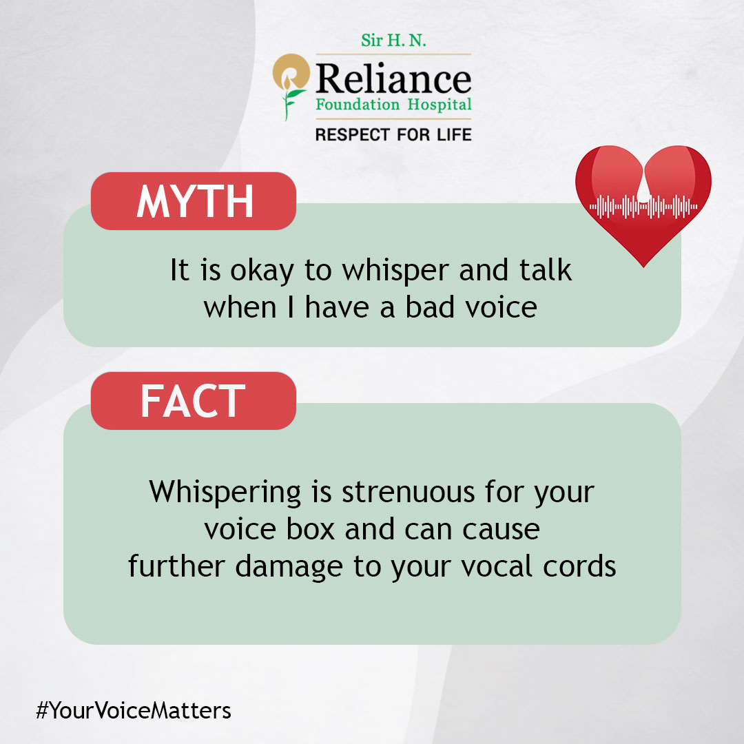 Here's why: When you whisper, your vocal cords are forced to come together tightly, potentially causing more irritation. Instead, opt for speaking at a comfortable volume, using proper breathing techniques to support your voice. #RelianceFoundationHospital #RespectForLife