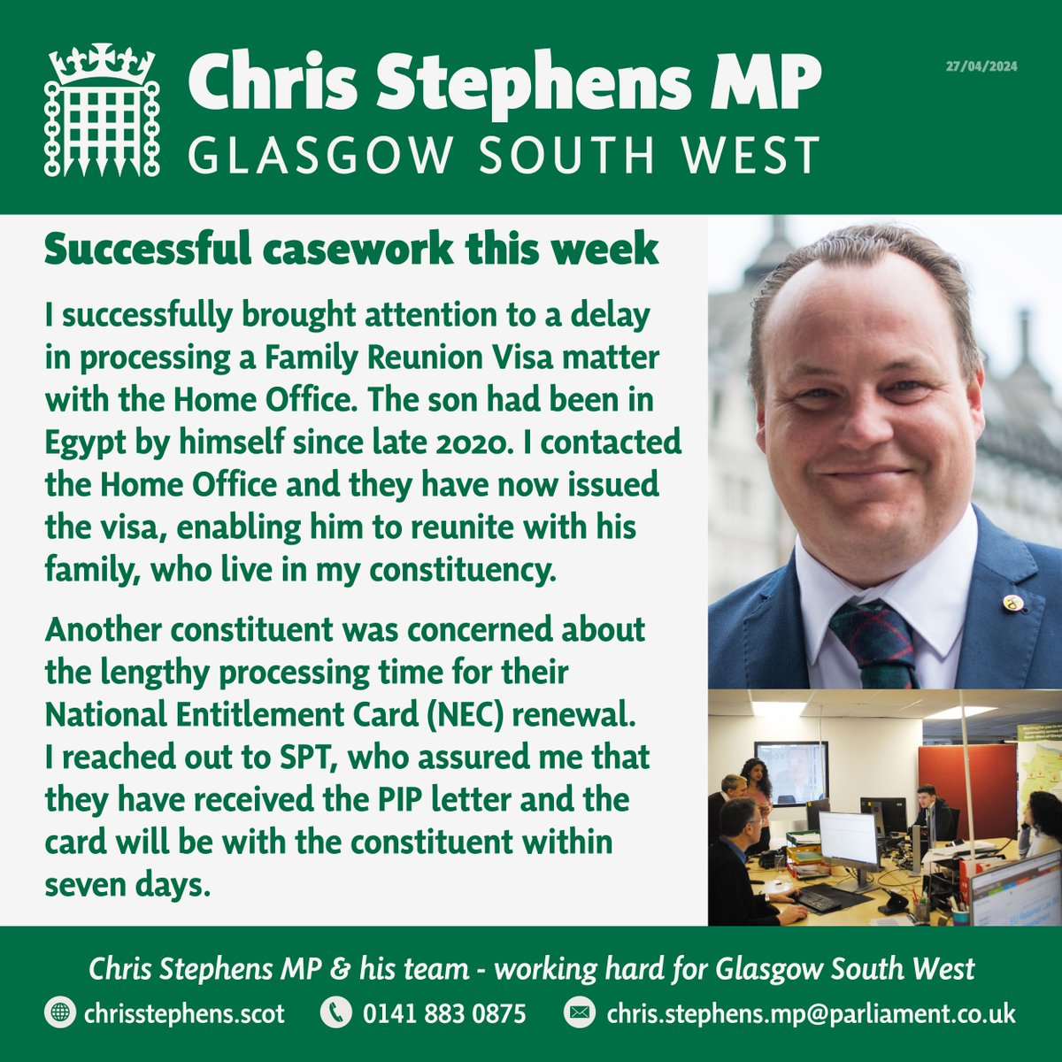 I am pleased to share the achievements of this week! 🌟🗓️ If you need any help, feel free to reach out to my office. You can schedule a meeting during my regular office hours by getting in touch with my team at 0141 883 0875. #GlasgowSouthWest #SNP