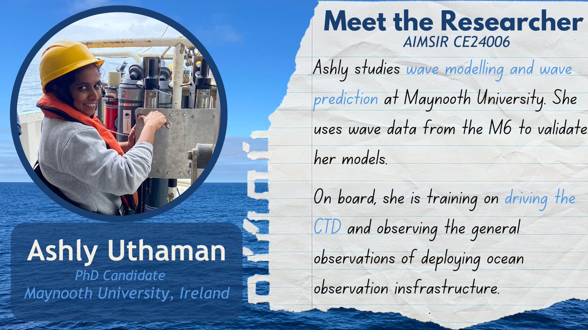 We welcomed Ashly from @MaynoothUni for her first time at sea! She is a @marineinst Cullen PhD candidate studying wave modelling in @Maynoothgeog. #AIMSIR #MeettheResearcher