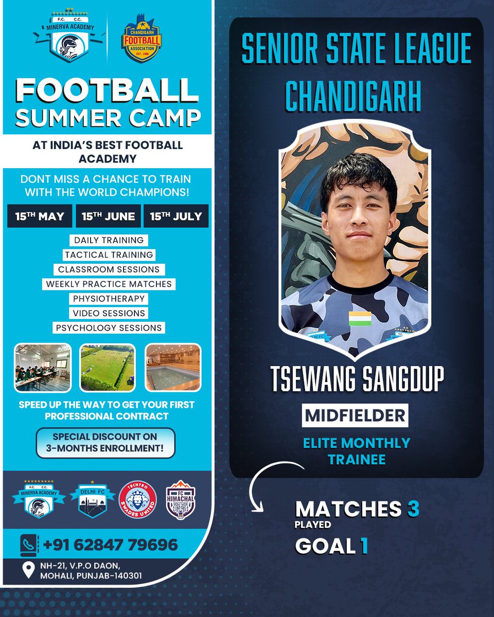 We would like to congratulate our camper Tsewang Sangdup for being the runner up at Senior State League Chandigarh.🤩✨ Register now 🗓️ 15th May, 15th June, and 15th July 2024 ℹ Hurry up & call +91-6284779696 to register now!!! Limited seats! #Warriors #MAFC #TheFactory