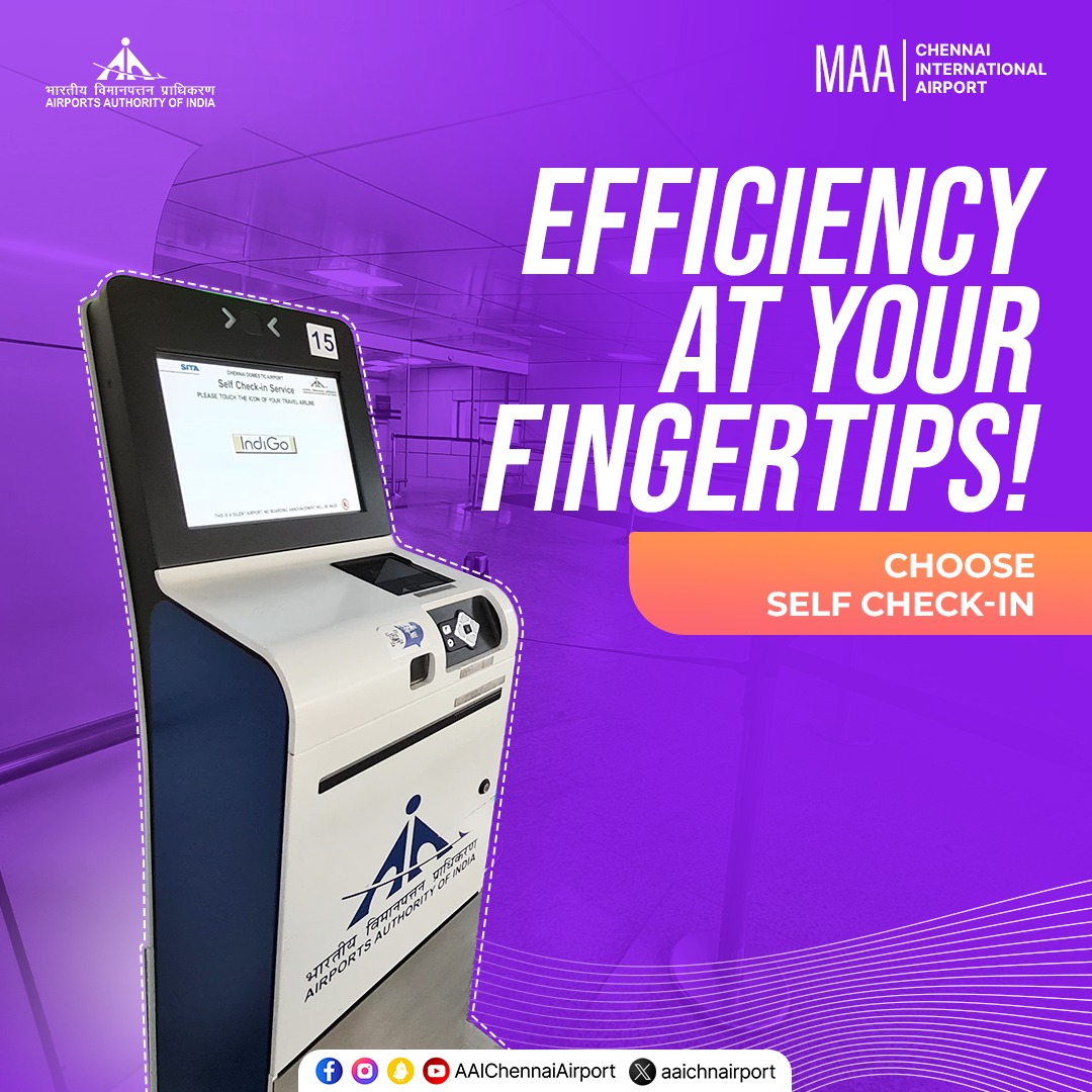 Speed up your airport Check-in procedures with the self-check-in kiosks! A few taps are all it takes to print your boarding pass and simplify your departure. #ChennaiAirport @MoCA_GoI | @AAI_Official