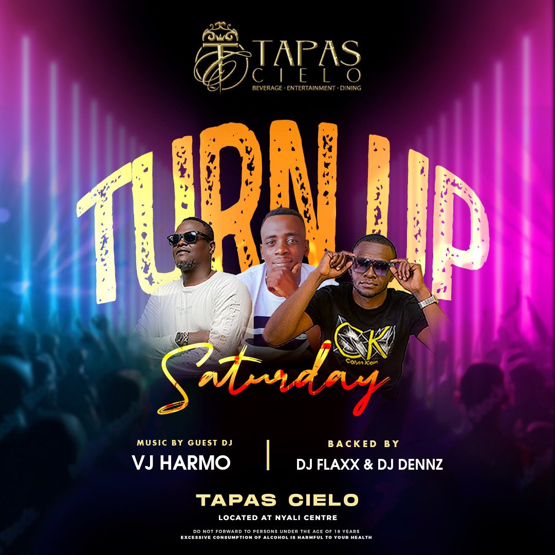 Saturday Turn Up at Tapas Cielo with VJ Harmo, DJ Flaxx & DJ Dennz! ( @iamvjharmo @deejay_flaxx @djdennz254 ) Inhouse dj to pop in early from 5pm to set the mood for the day. AC will be on from 4pm Reservations: 0739 888 888 #TurnUpSaturday #LoveTapasCielo #MombasaRaha