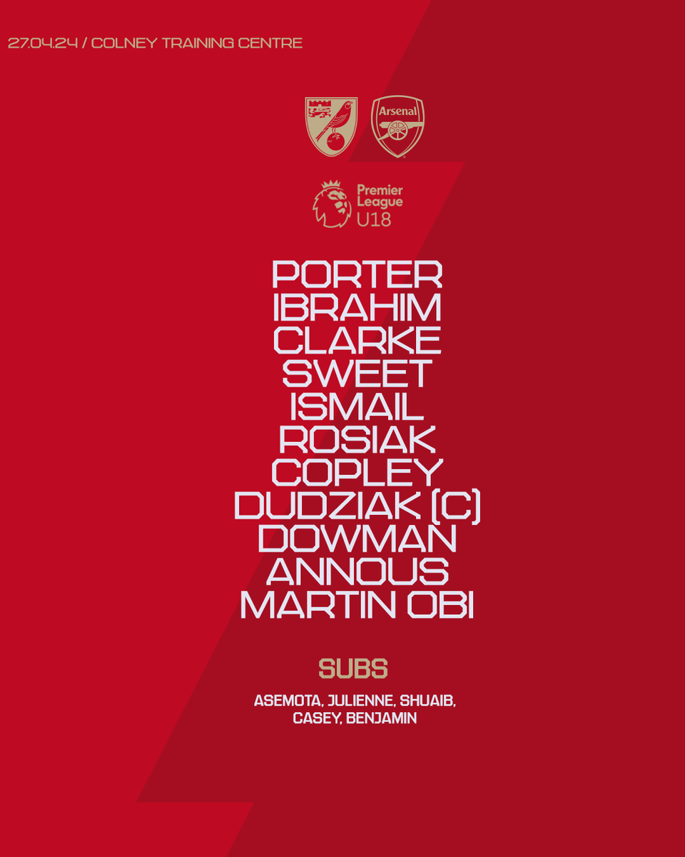 🔴 𝗧𝗘𝗔𝗠𝙉𝙀𝙒𝙎 ⚪️

🧤 Porter between the sticks
⭐️ Dudziak in the middle
🔥 Dowman in attack

Let's get the three points, Gunners 👊

#AFCU18 | #U18PL