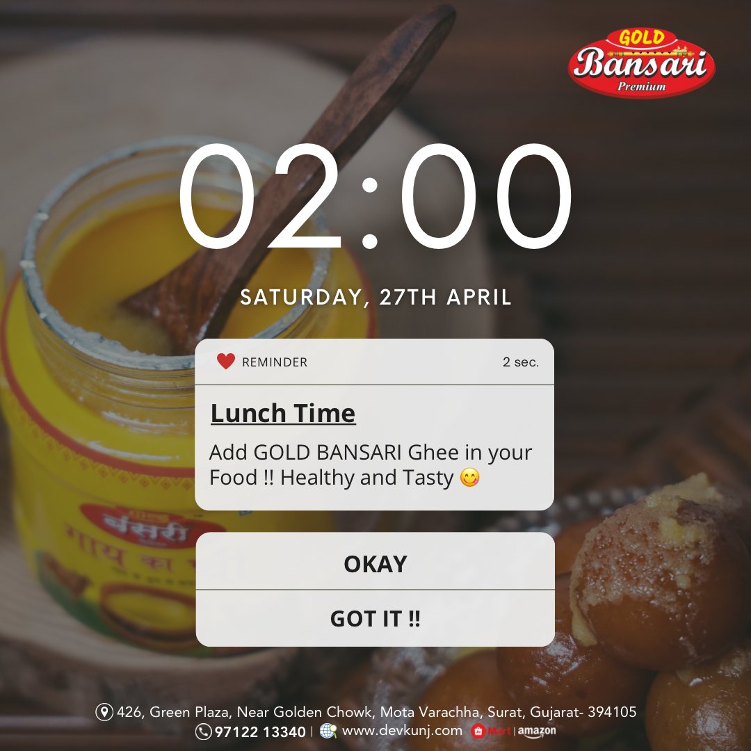 🔔 Don't forget to stock up on the golden goodness of Gold Bansari Ghee! 🌟 #BansariGhee #PureIndulgence #HealthyLiving #CookingEssentials #GoldenGoodness #FoodieFaves