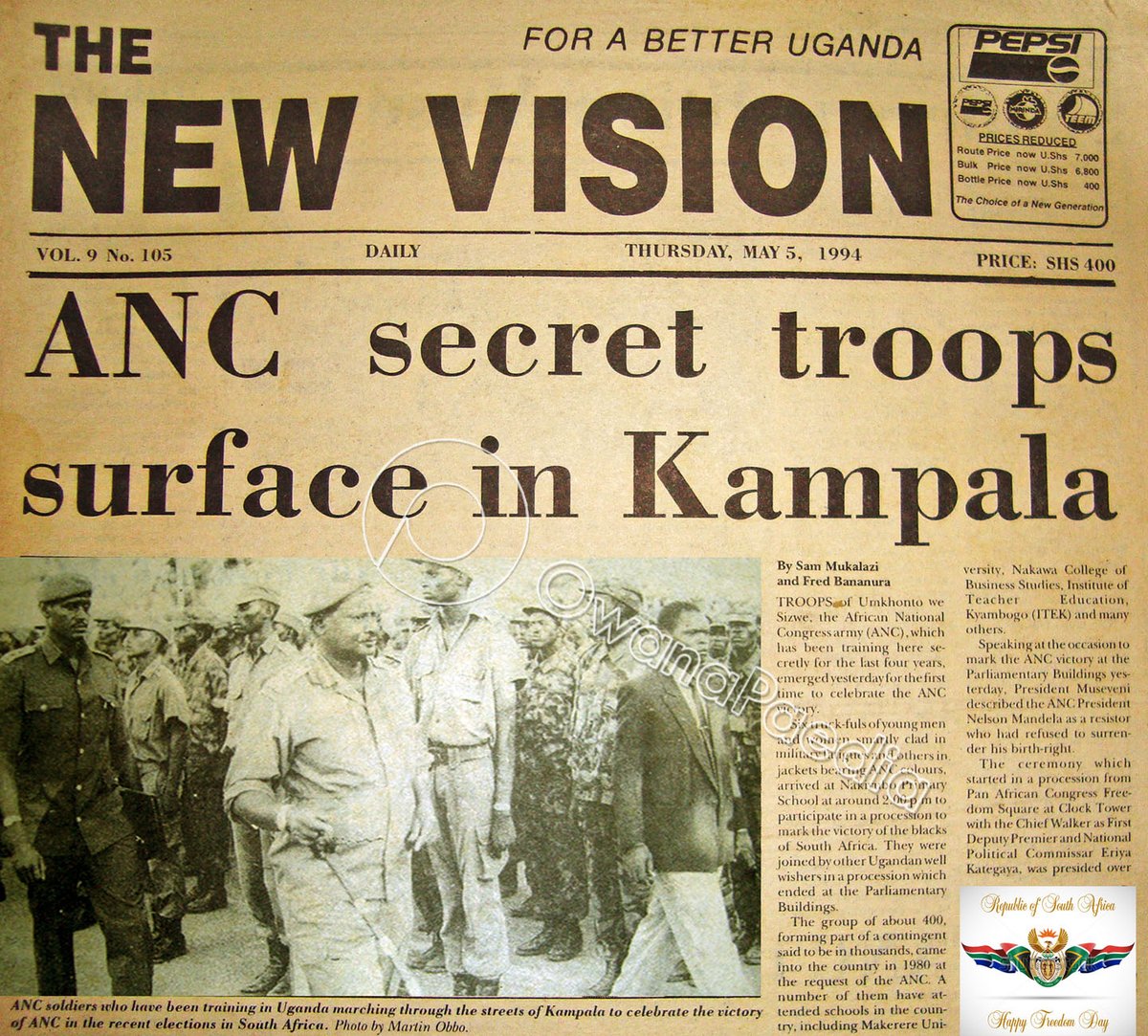 ANC INVADES KAMPALA! After @ANCParliament victory on 27 April 1994 a unit of ANC guerillas came out of concealment in Col @jrukundo's Kaweweta & marched into Kla where @KagutaMuseveni met them 5 May 1994. Among them was Lt Mbekeni, now Colonel at @SAfricaRepublic embassy here.