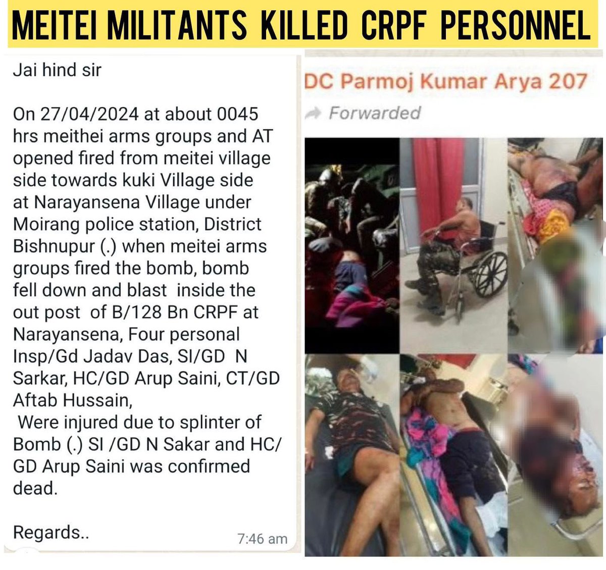 @IndiaTodayNE Manipur Meitei Militants and MEitei CM are responsible for this. This happened under their watch and in Meitei Territory.

Meitei shouldn’t blame Kukis just to defame and to cover up their crimes.

@adgpi  
@official_dgar 
@Spearcorps 
@easterncomd 
@crpfindia 
@BSF_India…