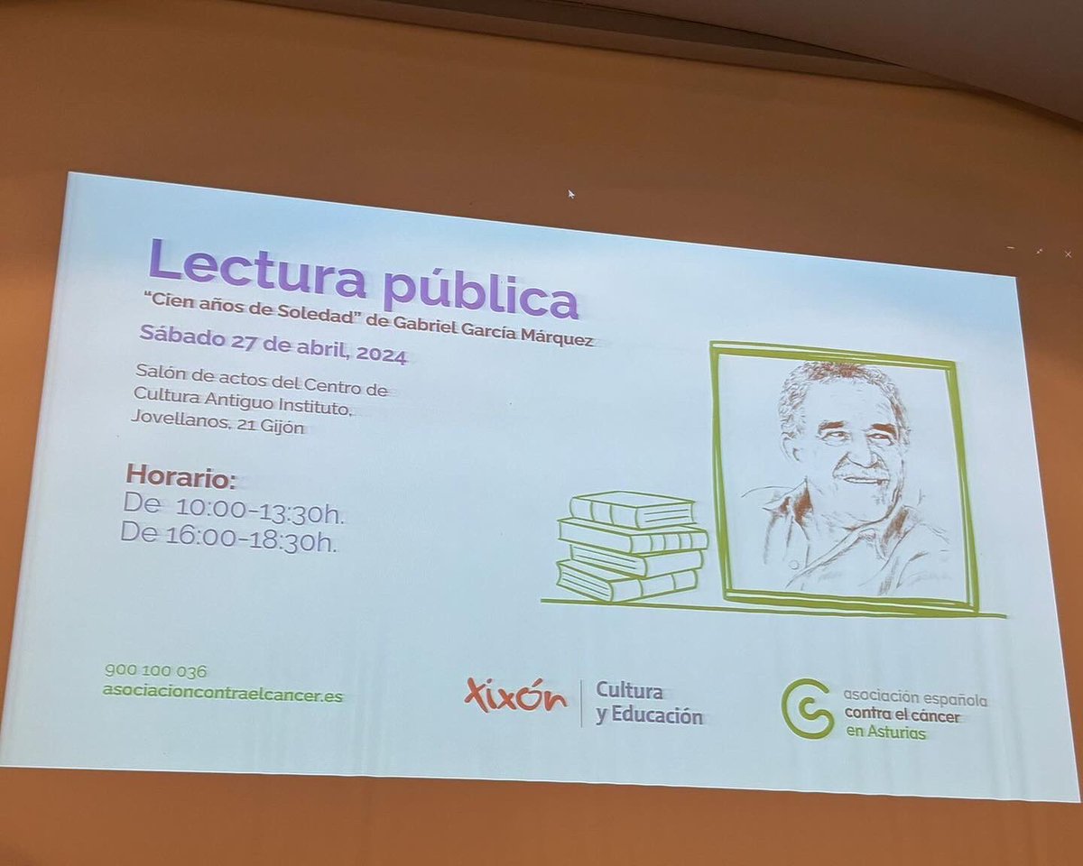 📖 @SaraRouco ha participado en la lectura pública, 'Cien años de Soledad' de Gabriel García Márquez, organizada por @ContraCancerAST , en el Antiguo Instituto.