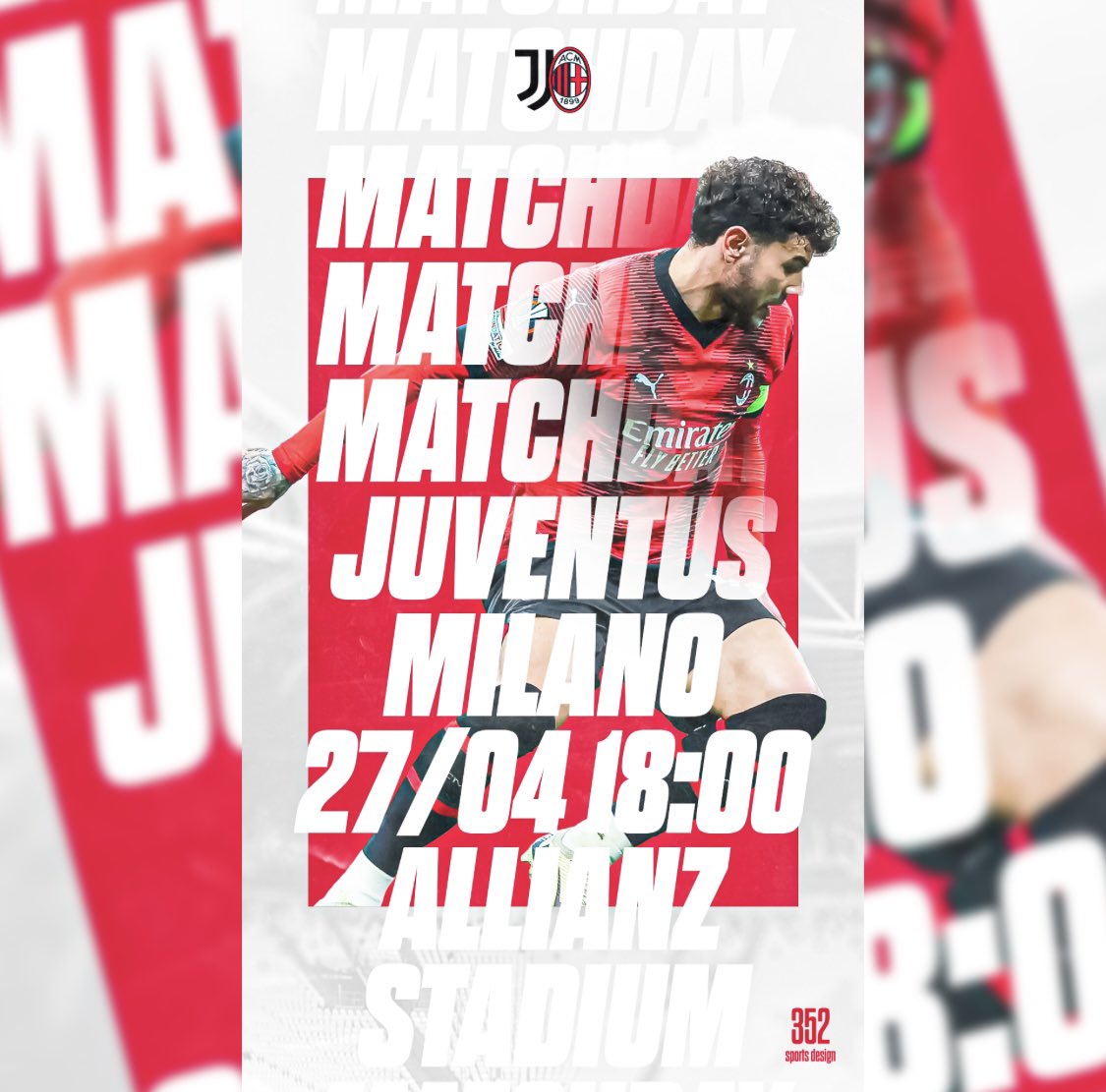 🔥⚔️MATCH DAYYYYYYYY⚔️🔥 🆚| Juventus 🇮🇹 🗓️| 27/04 🕘| 18:00 🏆| Série A 🏟️| Juventus Stadium, Italie 🎨| @352design_ Théo 🇫🇷 n’est pas convoqué car il a écopé d’un carton rouge ❌ lors du dernier match 🏟️ #JuventusMilan #SempreMilan