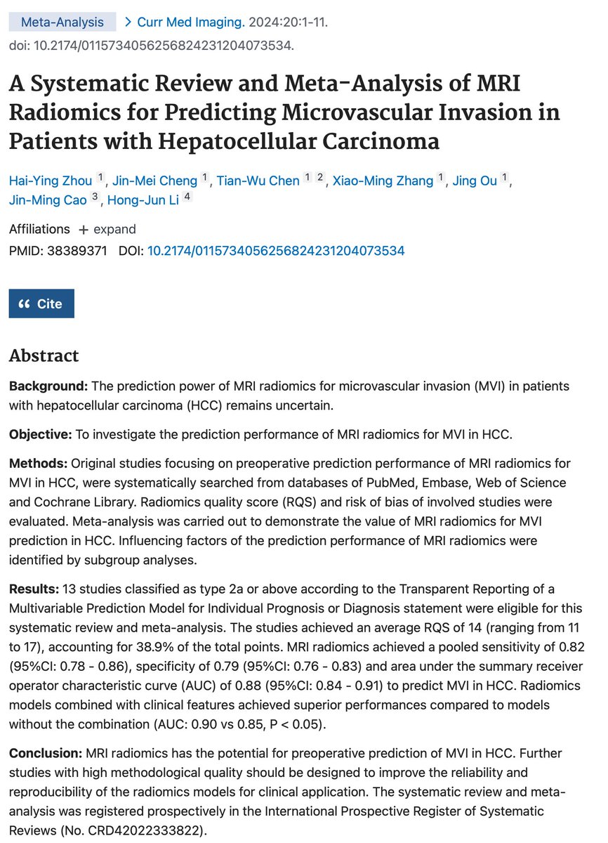 Meta-analysis shows MRI radiomics can predict microvascular invasion in HCC with 82% sensitivity and 79% specificity, potentially refining pre-op assessments. Calls for more robust studies. #HCCRadiomics #MedicalImaging #CancerDiagnosis