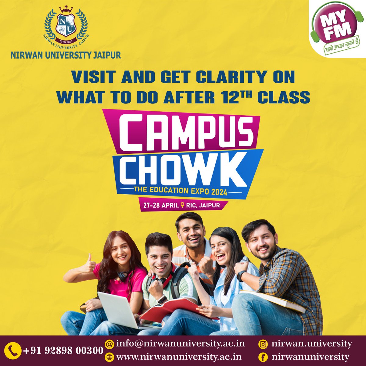 Explore your career options after 12th Class at Campus Chowk, the education expo 2024! Join us on April 27-28, 2024, at RIC, Jaipur, to gain clarity and discover the best path for your future. Don't miss out! 
#CampusChowk #EducationExpo #RICJaipur #FutureReady #NirwanUniversity