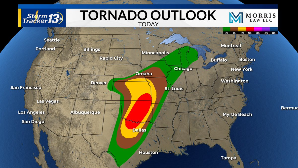 The tornado observed yesterday near Bennington, Nebraska could be the first EF-5 tornado in nearly 11 years. The NWS still has to survey the damage to estimate the wind speed. Today, there is a higher chance of damaging, violent tornadoes compare to yesterday.