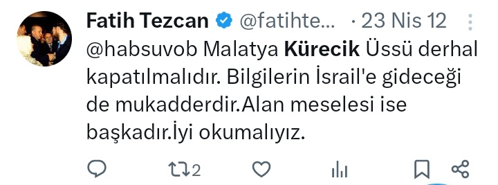 'Kürecik radar üssü derhal kapatılmalıdır' diyen Fatih Tezcan, bugün Fatih Erbakan aynı şeyi söylediği zaman iftira diyor.

Sizin hiç şerifiniz yok mu @fatihtezcan