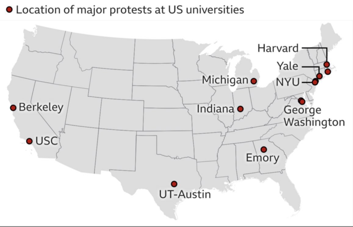Gazze için eylemler düzenleyen bazı üniversiteler:

• Berkeley üniversitesi 

• USC üniversitesi

• Michigan üniversitesi  

• Austin üniversitesi 

• Michigan üniversitesi

• Vaşington üniversitesi 

• Yale üniversitesi 

• Indiana üniversitesi 

• Harvard üniversitesi…