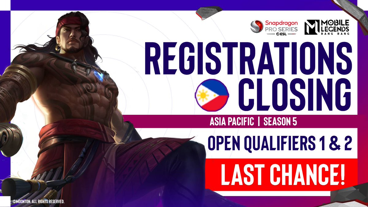 Last call, #Filipino #MLBB gamers! 📢

Registration for #SnapdragonProSeries: Mobile Legends: Bang Bang Season 5 Philippines Open Qualifiers 1&2 WRAPPING UP SOON. Make your mark in the MLBB scene by signing up NOW!📝📝📝

#Snapdragon #Registration #Philippines