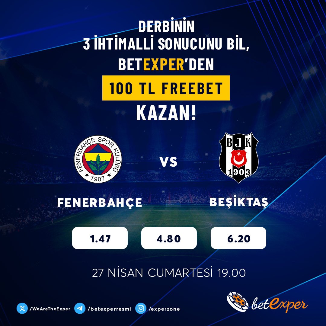 Fenerbahçe ⚔️ Beşiktaş mücadelesinin 3 ihtimalli sonucunu doğru tahmin edenlere 100 TL FreeBet Hediye! 🔥  

Katılım linki; forms.gle/znqWX3CvjvLDo5…

✅Form üzerinden katıl 
✅Gönderiyi beğen ve rt
✅ #Betexper tag’iyle 3 arkadaşını etiketle