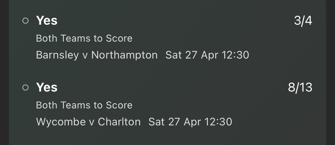 FOOTBALL ⚽️ 

BTTS Double - Yes

Barnsley v Northampton
Wycombe v Charlton

@ 1.82/1

(1 Point)

#EFL #football #Barnsley #Northampton #Wycombe #Charlton #shoearmy #cafc