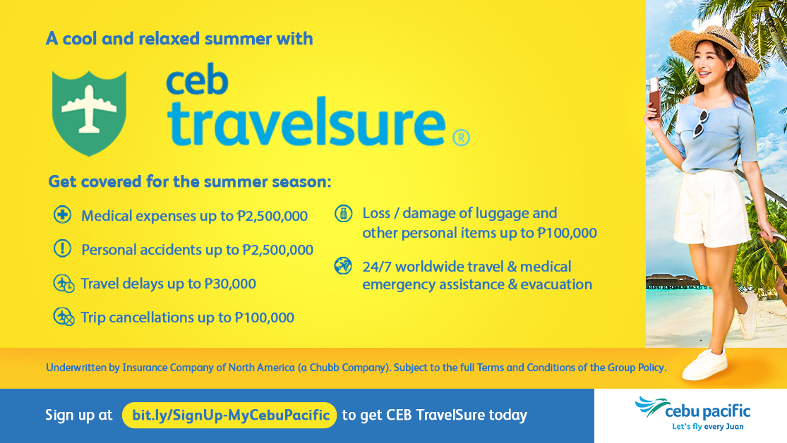 With CEB TravelSure, you can feel secure and enjoy your summer vacation when you’re covered for medical expenses, personal accidents, travel delays, and even loss/damage of your luggage! ⛱️ Sign up at bit.ly/SignUp-MyCebuP… to get CEB TravelSure today and #LetsFlyEveryJuan!