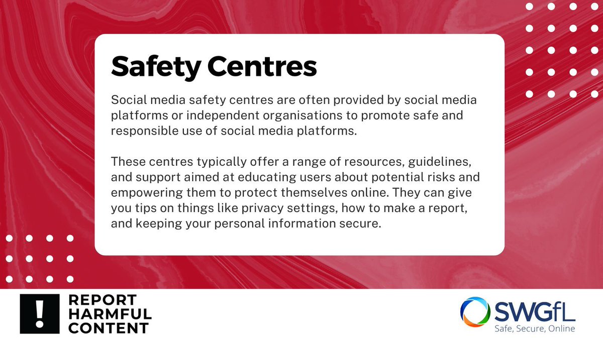 Social media safety centres are often provided by social media platforms to promote the safe and responsible use of their social media platforms. If you want to access a social media safety centre, you can find them all in one place on our website. reportharmfulcontent.com/advice/other/f…