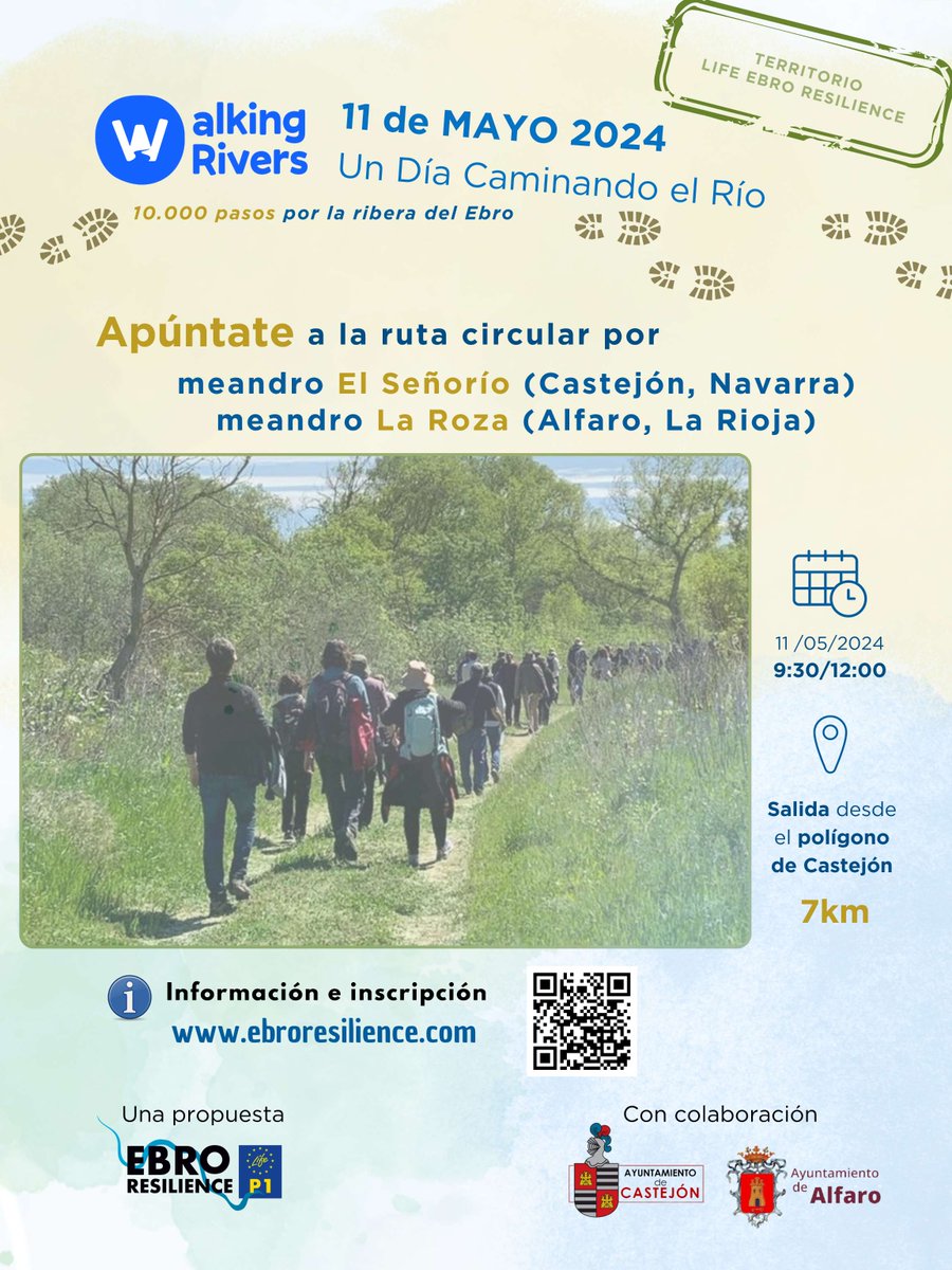 Ven el 11/05 a la RUTA El Señorío (#Castejón)- La Roza (#Alfaro). Territorio #LIFEEbroResilienceP1, en colaboración con @AytoAlfaro y @ayto_castejon nos unimos a la iniciativa 🌍 #WalkingRivers, un día caminando ríos👩‍🦯 .
Inscripción+INFO🖱 ow.ly/T63x50RnP7e
@Cirefluvial