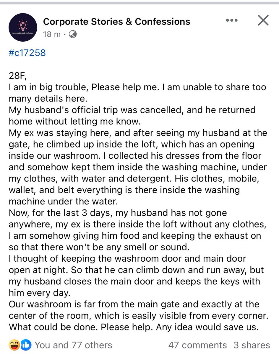 Lady needs help in saving her Ex from her husband 😂
Want help to save her from getting caught in “Adultery”.

What a help needed.

Now criminals will seek help to save them from police, expecting to get help from society 😂😂🤣🤣