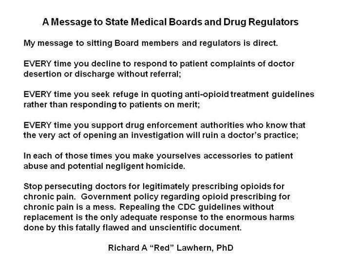 A Message to State Medical Boards and Drug Regulators - Richard “Red” Lawhern, PhD