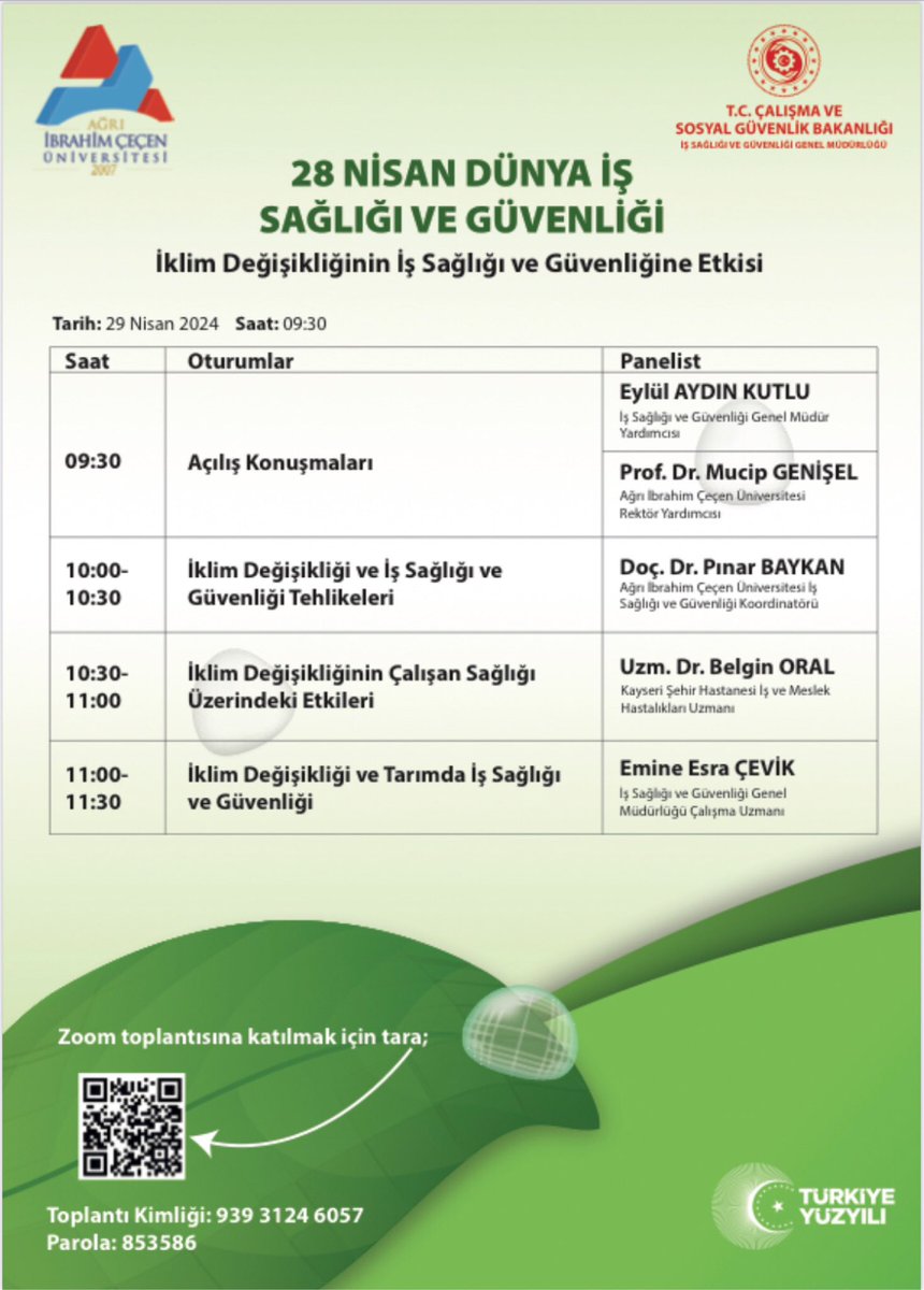 👷‍♂️👷‍♀️28 Nisan Dünya İş Sağlığı ve Güvenliği “İklim Değişikliğinin İş Sağlığı ve Güvenliğine Etkisi “konulu programımıza bekliyoruz. (Toplantı Kimliği: 93931246057 Parola: 853586) @csgbakanligi @CSGB_ISGUM #28nisandünyaişsağlığıvegünü