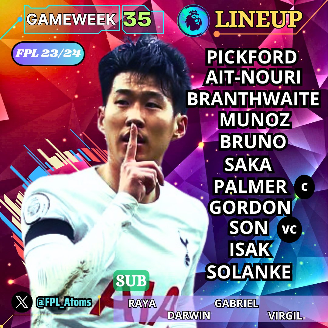 #FPL #GW35 Team Preview 📜
Did whatever I wanted. Fuck this game anyway. Lost the passion for this one. #FPLCommunity
TeamSelection👕=🔒
Rank🌍=491K🔼
Transfer🔄=Salah,Sarabia,Eze,Haaland ⏩️ Gordon,Bruno,Son,Isak [-1️⃣2️⃣]
Bank💰=£7.7m
OP🔢=2041