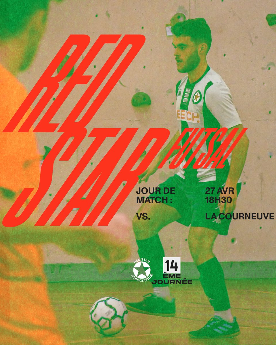 Avant-dernière journée de championnat pour notre équipe Futsal qui reçoit la Courneuve ce soir ! Suivez la rencontre sur le compte Instagram de l’association du @RedStarFC ➡️ bit.ly/3OqixWe. Avec nos partenaires principaux jeunesse @Heetch & @omada_app. #RedStarAsso