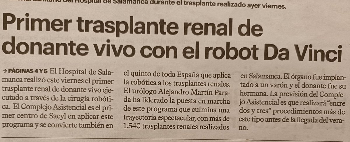 Primer trasplante renal de donante vivo con el robot Da Vinci en Salamanca, primer centro de Sacyl y 5° del país en aplicar la robótica a los trasplantes 🏥