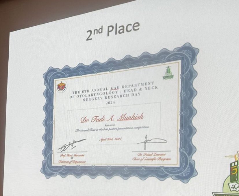 Delighted to have won second place in the best poster presentation competition at the 6th annual KAU Otolaryngology-Head and Neck Surgery Research Day 2024

Much gratitude to our incredible team of co-authors for their dedication and effort.