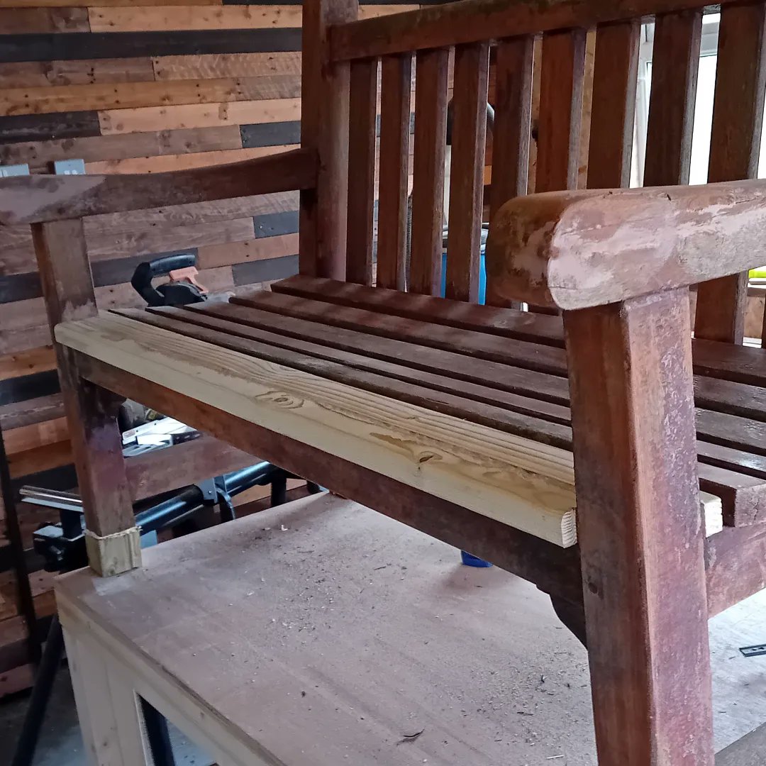 mouse_workshop's tweet image. This old bench was in the garden when we bought the house. It had been left out and untreated for years, so had areas of rot but was otherwise a good quality bench. I replaced the rotten wood. Painted using Curprinol &quot;Sage&quot; green. #gardenrestoration #gardenbench