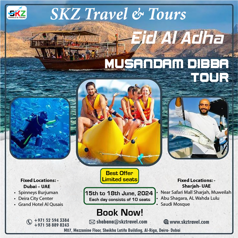 Experience the magic of Eid Al Adha with a breathtaking Musandam Dibba Tour from the UAE, courtesy of SKZ Travel & Tours! From June 15th to June 18th, embark on an unforgettable journey to Oman's hidden gem, Musandam Dibba, where rugged mountains meet crystal-clear waters.