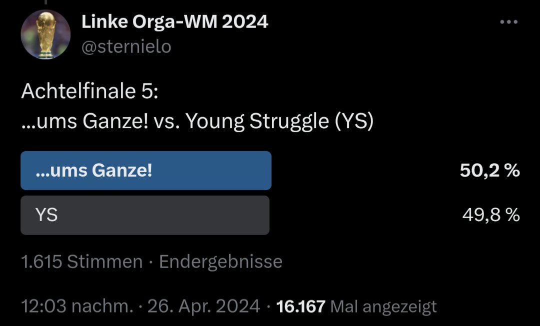 Unglaublich! ums Ganze setzt sich erneut durch und zieht so ins Viertelfinale ein! Ausführlicher Spieltagsbericht folgt noch.