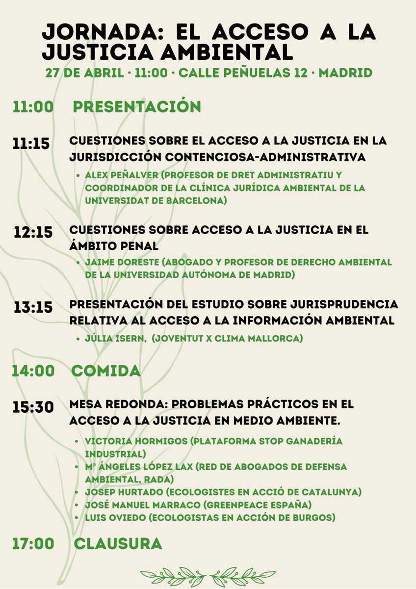 Empieza la Jornada: El acceso a la justicia ambiental, organizada por el área jurídica de @ecologistas. Entre los ponentes, mencionado ya dos veces en los primeros 10', nuestro querido @JMMarraco, abogado de @greenpeace_esp y un referente en Derecho Ambiental en España.