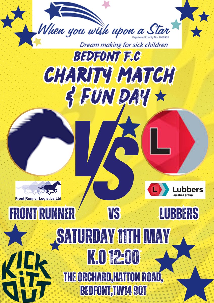 Bedfont FC (@bedfontfc) on Twitter photo 💫CHARITY MATCH💫
We are hosting a sponsors vs sponsors football match on the 11th of May.
We will be sending proceeds to <a href="/whenyouwishUK/">When You Wish</a> and helping young sick children get the chance to do great things!
Please RT and Share far and wide please.
Donations on the gate and a 💫CHARITY MATCH💫
We are hosting a sponsors vs sponsors football match on the 11th of May.
We will be sending proceeds to <a href="/whenyouwishUK/">When You Wish</a> and helping young sick children get the chance to do great things!
Please RT and Share far and wide please.
Donations on the gate and a