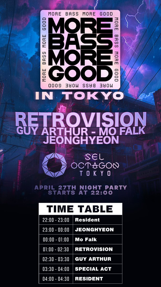 MORE BASS MORE GOOD 2024.4.27（ SAT） OPEN 22:00 / CLOSE 04:30 LADIES ¥2,000 / 1D ※HAPPY HOUR無 GENTLEMEN ¥4,000 / 1D ※HAPPY HOUR無 HEADLINERS RETROVISION | GUY ARTHUR | MO FALK | JEONGHYEON