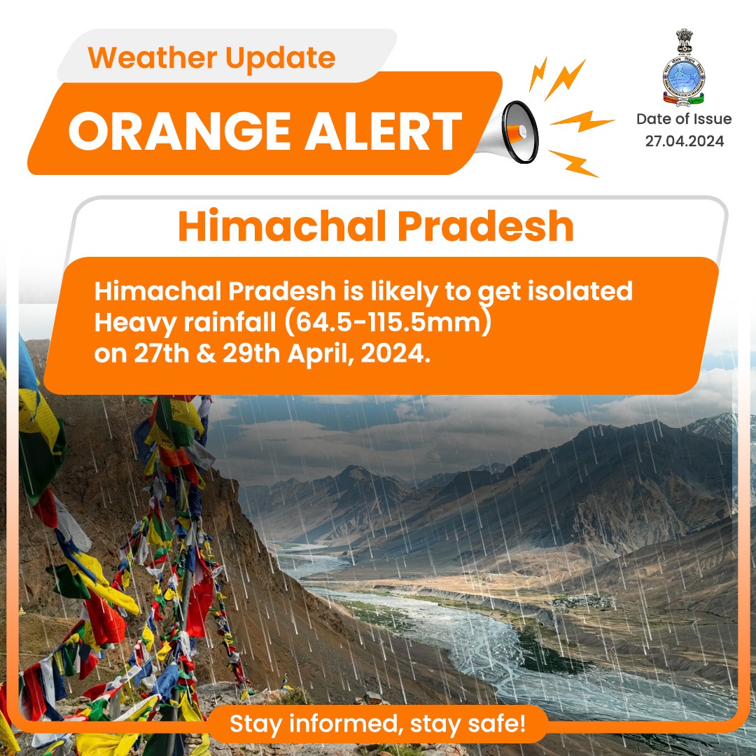 Himachal Pradesh is likely to get isolated Heavy rainfall (64.5-115.5mm) on 27th & 29th April, 2024.

#HimachalPradeshrainfall #Heavyrainfall #Weatherupdate 

@moesgoi @DDNewslive @ndmaindia @airnewsalerts