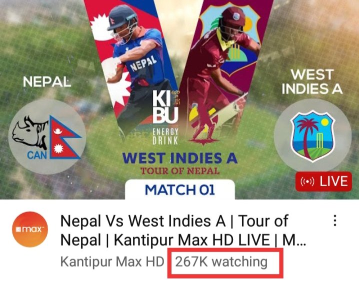 Cricket Madness 🔥: 267k streaming live has to be the highest steamed cricket match in YouTube 🔥 Ladies & Gentlemen, This is Cricket in Nepal 💪🙇‍♀️ #Nepal #CricketTwitter #WestIndies