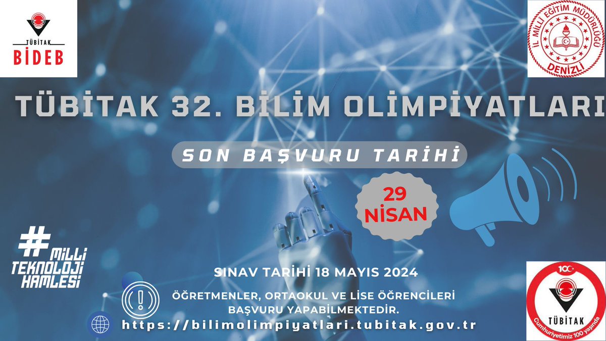 🚀 32. TÜBİTAK Bilim Olimpiyatları 1. Aşama Sınavı için son başvuru tarihi👇 🗓️29 Nisan 2024 🌟 Başvurunuzu bekliyoruz‼️ @Tubitak @TubitakBIDEB @denizlimem @emre_caliskan @YTEMEL3