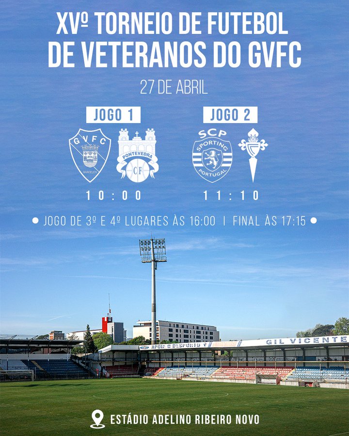 'XV Trofeo de fútbol de veteranos #GVFC' con los equipos @GilVicente_fc🇵🇹, @PontevedraCFSAD🇪🇸 y @RCCelta🇪🇸 ⏰ A partir 11h 🇪🇸 🏟 Estadio Cidade de #Barcelos 🐓 🎟 Gratuita ❗No te lo pierdas!❗ #FestasDasCruzes2024 #gilvicentefc #AgendaDeportivaFEAFV #AsociacionMiembroFEAFV