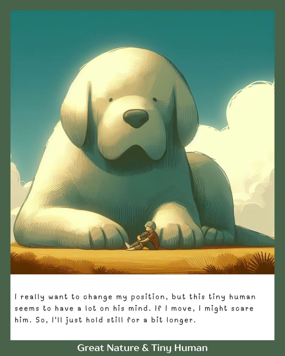 I really want to change my position, but this tiny human seems to have a lot on his mind. If I move, I might scare him. So, I'll just hold still for a bit longer.#TinyHumanThoughts #CuriousCreature #GentleGiant #PatiencePaysOff #ChildlikeConcerns #SharingSpace #QuietCompanionship